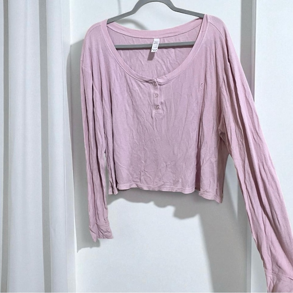 Zyia Active Pink Waffle Knit Button Henley Cropped Long Sleeve Shirt XXXL